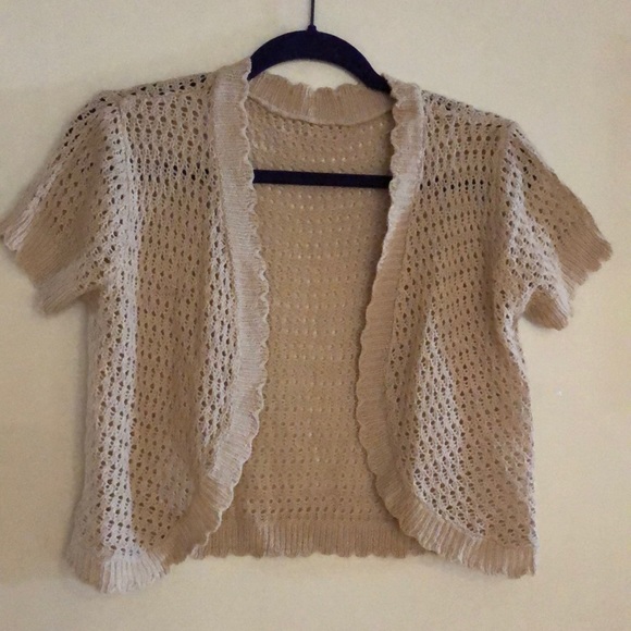 Sweaters - Beige Openwork Short-Sleeve Shrug - Women's Sweater